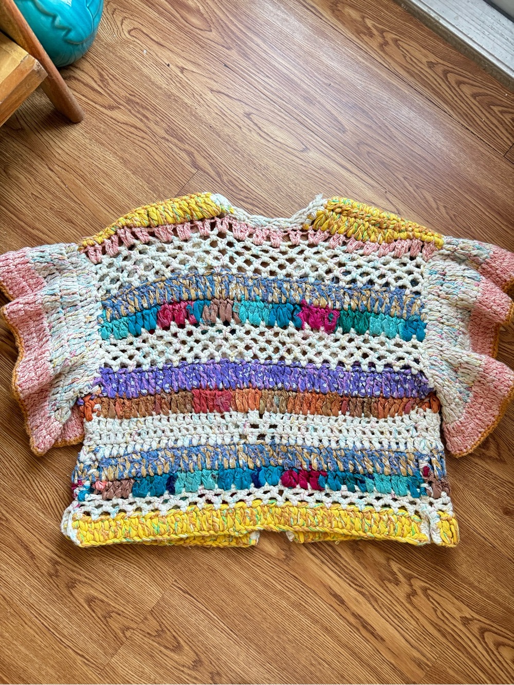 💕Anthropologie Cardigan Sweater Hand Knit Mia Crochet Multi Striped Crop XS/S💕 - Picture 6 of 6